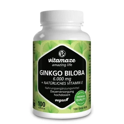 Abbildung von Ginkgo Biloba Kapseln hochdosiert 6000 mg vegan Gingko Extrakt 50:1, 100 für Tage Dauerversorgung, Nahrungsergänzung ohne Zusätze, Made in Germany