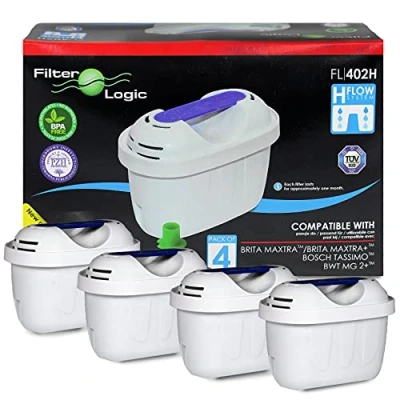 Abbildung von FilterLogic FL402H 4er Pack Wasserfilter kompatibel mit Brita Maxtra+ Plus Filterkartuschen für Marella Style Flow Aluna Elemaris XL cool Tischwasserfilter &amp; TASSIMO Kaffeeautomat Kartuschen