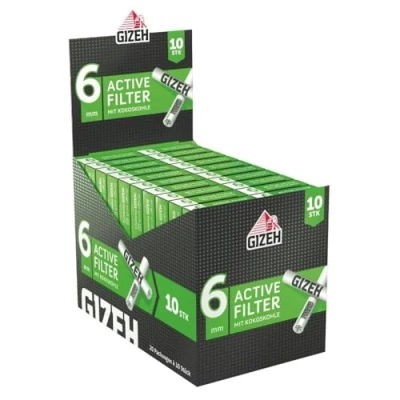 Abbildung von Gizeh BLACK Active Filter 6 mm Slim Format Aktivkohlefilter im praktischen 10er Pack mit Aktivkohle aus Kokosschale 20 Packungen á 10