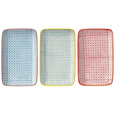 Abbildung von Bloomingville Servierplatten Carla Retro kleine Servier Teller eckig Vintage rechteckige L 19 x W 12 cm, rot blau grün, Keramik, 3er Set