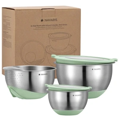 Abbildung von Navaris Edelstahl Schüssel Schale mit Deckel und Sieb 3 teiliges Set 2x Rührschüssel 1x Salatschüssel Edelstahlschüssel Schüsselset Behälter in Mintgrün