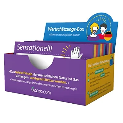 Abbildung von Ulassa Kudos Karten Box 200 Kudo Cards 100 x 70 mm DEUTSCHE Version Wertschätzungs Kartenset um Wertschätzung, Lob und Motivation im Team zu steigern Dankeskarten, Lobkarten