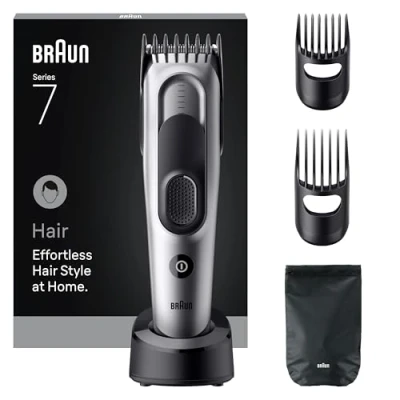 Abbildung von Braun Haarschneider Series 7, +5 Zubehörteile, Lebenslang scharfe Klinge, 17 Längeneinstellungen mit Speichertaste, 50 Min Laufzeit, Abwaschbar, HC7590, Grau