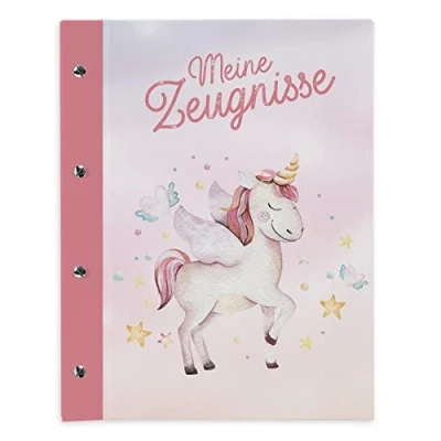 Abbildung von itenga Zeugnismappe mit Buchschrauben erweiterbar für Kinder Jugendliche Erwachsene Mädchen Jungen Schüler (Einhorn)