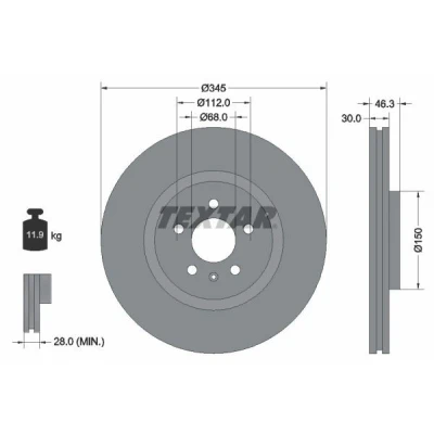 Abbildung von TEXTAR PRO 92143903 Bremsscheibe 345 30 05/06 112 innenbelüftet beschichtet ohne Radbefestigungsbolzen, Radnabe AUDI: A4 B7 Avant, B6 Avant