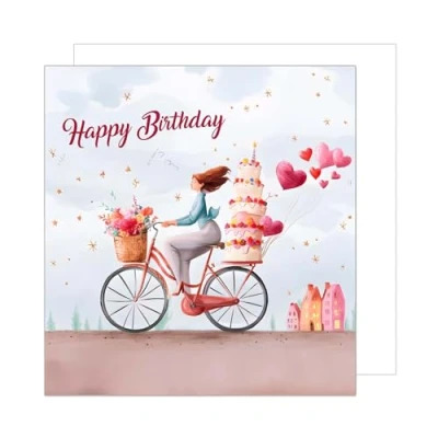 Abbildung von Edition Seidel Premium quadratische Geburtstagskarte mit Umschlag. Glückwunschkarte Happy Birthday Billet Karte für Mann Frau Kind Fahrrad Torte Luftballons (GQ326 SW024)