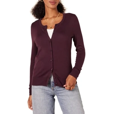 Abbildung von Amazon Essentials Damen Leichte Rundhalsstrickjacke (Erhältlich In Übergröße), Burgunderrot, XL