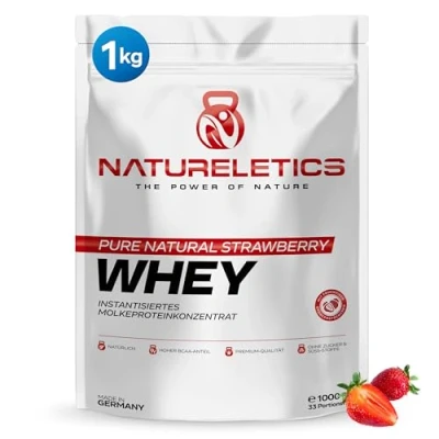 Abbildung von NATURELETICS ERDBEERE 1kg natürliches Premium Whey Proteinpulver aus Deutschland ohne Zusatz von Süßstoffen und künstlichen Aromen, Eiweißpulver mit einem hohen BCAA Anteil 22,6%