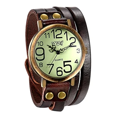 Abbildung von JewelryWe Herren Damen Armbanduhr, Braun Leder Armband Wickelarmband, Casual Retro, Analog Quarz Uhr, Vintage grünes Digital Zifferblatt