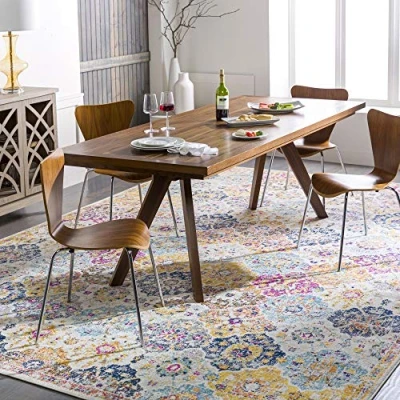 Abbildung von Surya Sicily Vintage Teppich rund Teppiche Wohnzimmer, Esszimmer, Flur, Carpet Living Room Orientalischer Boho Style Bunter Muster, Senfgelb, Gebranntes Orange, Weinrot und Blau 160cm