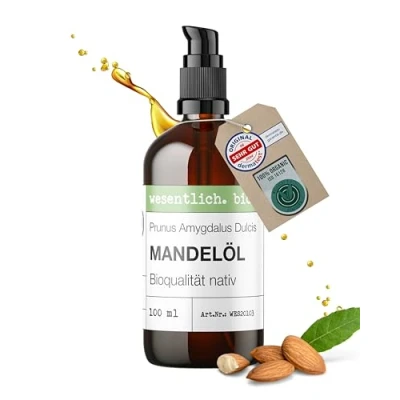 Abbildung von wesentlich. Mandelöl BIO kaltgepresst für Kosmetik, Haare und Gesicht Baby Pflege Basis Badeöl Massageöl