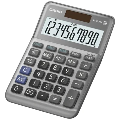 Abbildung von Casio Tischrechner MS 100FM, 10 stellig, Steuerberechnung, Cost/Sell/Margin, Aluminiumfront, Vorzeichenwechsel, Solar /Batteriebetrieb