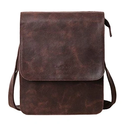 Abbildung von Leathario Herren Umhängetasche Leder Schultertasche klein Messenger Bag Retro Freizeit Kaffee