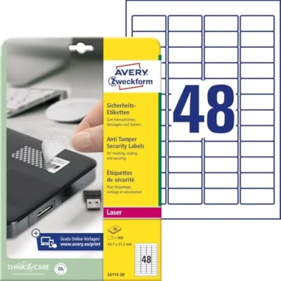 Abbildung von Avery L6113 20 Sicherheitsetiketten zum Versiegeln 48 pro Blatt 45,7 x 21,2 mm 960 Etiketten