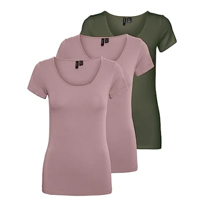 Abbildung von VERO MODA Damen VMMAXI My Soft SS U Neck GA 3PACK 10247489, Woodrose/Woodrose &amp; Dusty Oliv, L