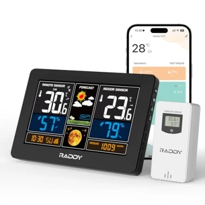 Abbildung von Raddy N75 Wi Fi Wetterstation mit Außensensor, 7,5&quot; Funk Wetterstation, Innen und Außen Wettervorhersage APP Steuerung, Netzwerkuhr, Wettervorhersage, Frostwarnung, einstellbarer Helligkeit