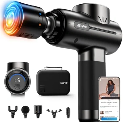 Abbildung von Massagepistole mit Wärme und Kälte, RENPHO Massage Gun Wärmefunktion Bluetooth, Tragbare Muskel Tiefengewebe Elektrische Hand Massagegerät, Active+ Thermacool