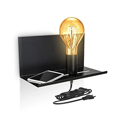 Abbildung von B.K.Licht Wandleuchte innen mit Ablage, E27 Fassung, max. 10 Watt, Vintage, Wandlampe innen, Wandstrahler Wandlicht, Wandbeleuchtung, Schlafzimmer, 25x11,5x12 cm, Schwarz