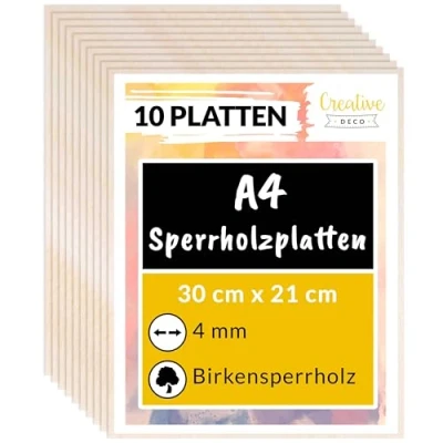 Abbildung von Creative Deco 10 x A4 Sperrholzplatte 4mm 300 210 (+/ 0,5) mm Birkensperrholz Dünne holz Zuschnitte Perfektes Blatt für Laubsäge, Brandmalerei, Laserschnitt, CNC Router, Durchbrochenes