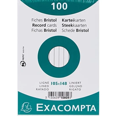 Abbildung von Exacompta 10809SE 100er Karteikarten liniert DIN A6 in Folie eingeschweißt 105 x 148 mm ideal für die Schule und Universität zum Lernen weiß