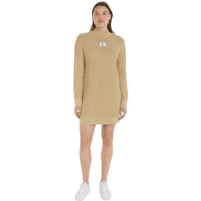 Abbildung von Calvin Klein Jeans Damen Pullover Kleid Washed Monologo Sweater Dress Langarm, Beige (Warm Sand), S