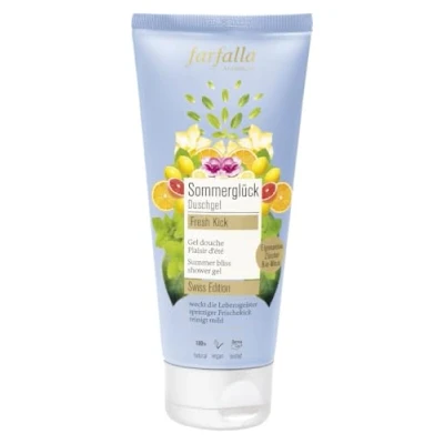 Abbildung von farfalla Sommerglück Duschgel 200ml Hautfreundliche Pflegedusche mit Schweizer Pfefferminze Vegan NaTrue Zertifiziert 100% zertifizierte Naturkosmetik