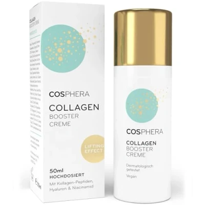 Abbildung von Cosphera Collagen Booster Creme 50 ml Vegan mit Hyaluronsäure, Peptiden &amp; Vitamin B3 Gesichtscreme gegen Falten Anti Faltencreme Tränensäcke, Augenringe und Stirnfalten
