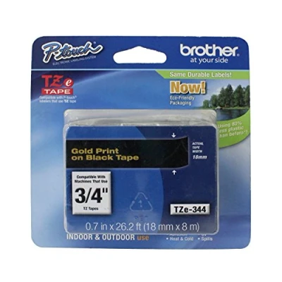 Abbildung von Brother TZe 344 P touch Schriftband (18 mm, geeignet u.a. für 1830VP, D400/VP, D450, D600/VP, P700, 2430, laminiert, 8 m lang) gold auf schwarz, TZE344, Klein