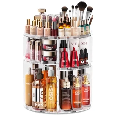 Abbildung von Auxmir Make Up Kosmetik Organizer, 360 Drehbar Aufbewahrung, Schmink Organizers für Dresser Schminktisch Skincare Aufbewahrungssystem, Transparent