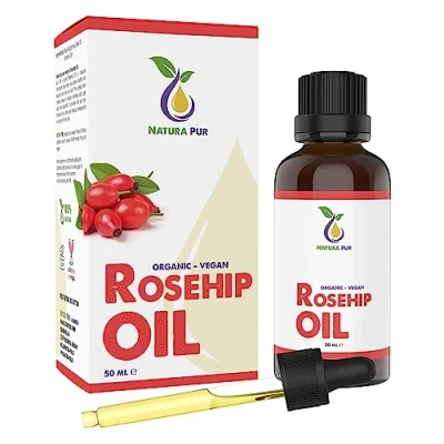 Abbildung von Hagebuttenöl BIO 50ml (Wildrosenöl) 100% kaltgepresst, vegan, in Glasflasche Hagebuttenkernöl für Gesicht, Körper, Haare, Haut, Hände, Kopfhaut
