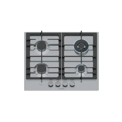 Abbildung von Bosch PCH6A5I90 Serie 6 Gaskochfeld, 60 cm, Dual Wok Brenner, 9 FlameSelect Stufen, spülmaschinengeeignete Topfträger, abnehmbare Schwertknebel, Thermoelektrische Zündung, Edelstahl Glasoberfläche