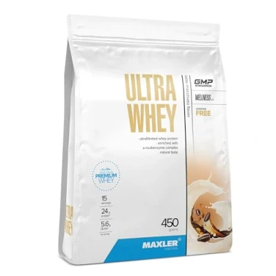 Abbildung von Maxler Ultra Whey Protein 24 g pro Portion Reines Pulver Molkenprotein Konzentrat, Isolat, Hydrolysat Mit BCAA Latte Macchiato 450g