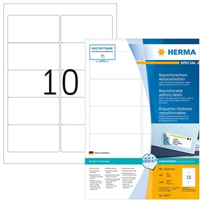 Abbildung von HERMA 10307 Universal Etiketten ablösbar, 100 Blatt, 96 x 50,8 mm, 10 pro A4 Bogen, 1000 Stück, selbstklebend, bedruckbar, matt, blanko Papier Klebeetiketten Aufkleber, weiß
