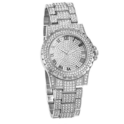 Abbildung von JewelryWe Armbanduhr Herren Damen mit Strass Römanischen Zifferblatt Metallarmband, Quarz Analog Uhr Muttertag Silber