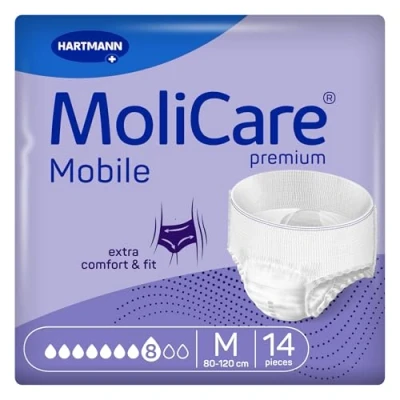 Abbildung von MoliCare premium Mobile 8 Tropfen Größe M, Inkontinenzhosen für Frauen und Männer mit schwerer Inkontinenz, extra Auslaufschutz, fortschrittlicher Hautschutz, verbesserte Passform, 14 Stück