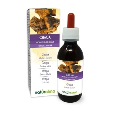 Abbildung von Chaga oder Schiefer Schillerporling (Inonotus obliquus) Pilz Alkoholfreier Urtinktur Naturalma Flüssig Extrakt Tropfen 120 ml Nahrungsergänzungsmittel Veganer