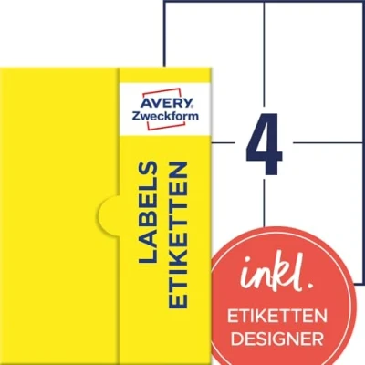 Abbildung von AVERY Zweckform P3483 1000 Universal Etiketten (4.000 Klebeetiketten, 105x148mm auf A4, Papier matt, bedruckbare Versandetiketten, selbstklebende Versandaufkleber, Adressetiketten) 1.000 Blatt, weiß
