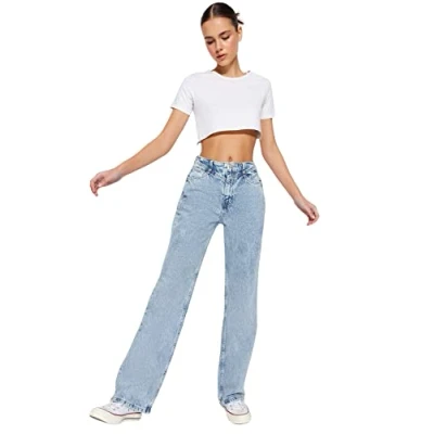 Abbildung von TRENDYOL Damen Taille Detaillierte Hohe 90er Jahre Breite Beinjeans Jeans, Navy Blue, 40 EU