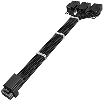 Abbildung von AsiaHorse PCIE 5.0 GPU 16AWG PC Netzteile Verlängerungskabel, 12VHPWR Power Sleeved Cable Extension, 16Pin (12+4) zu 3 * 8Pin für RTX 3090Ti/4070Ti/4080/4090, 30CM, Schwarz