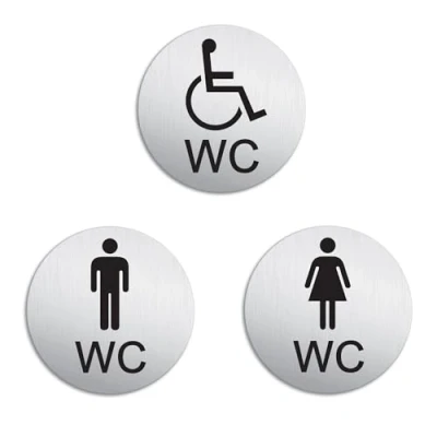 Abbildung von Schild WC Damen Herren Behinderte Ø 100 mm 3er Set Türschilder Aluminium gebürstet Edelstahloptik selbstklebend