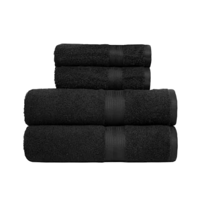 Abbildung von Amazon Basics 4 Stück Handtuch Set für Badezimmer, lichtbeständig, 100 % Baumwolle, weich und saugfähig, 2 Badetücher Handtücher, Schwarz