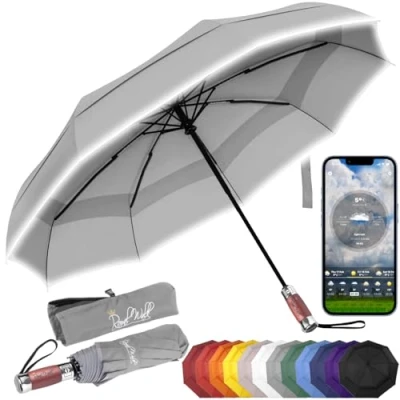 Abbildung von Royal Walk Regenschirm Taschenschirm Sturmfest Automatik Auf und Zu Winddichter Doppelverdeck Klein Stabil Schirm Reflektierend mit Luxuriösem Echtholzgriff für Damen Herren Umbrella