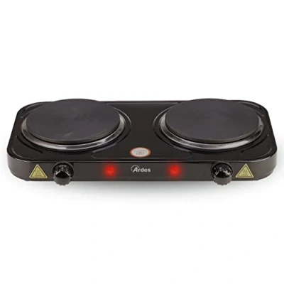 Abbildung von ARDES Elektrokochherd von 2000W aus lackiertem Stahl für Camping und Küche mit 2 Platten Gusseisen Durchmesser 15,5 cm Thermostate Modell TIKAPPA AR1F20 Schwarz