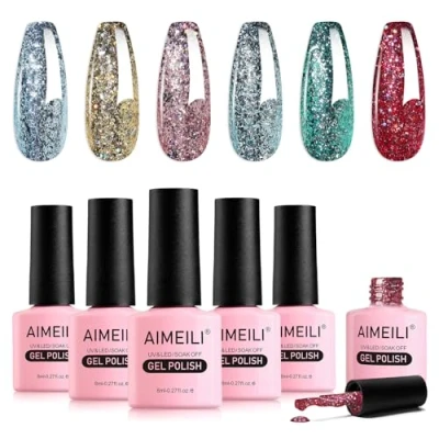 Abbildung von AIMEILI HEMA Free UV Lack Glitzer Nagellack Set 8ml 6 Farben Glitter Luminous Sparkle Farbgel Gellack Soak Off Gel Nail Polish Gift Kit 56