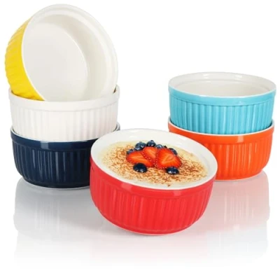 Abbildung von com four® 6x Souffléfförmchen Ragout Fin Schalen aus Keramik ofenfeste Auflaufformen spülmaschinengeeignete Dessert Schälchen farbenfrohe Keramikgefäße 250 ml