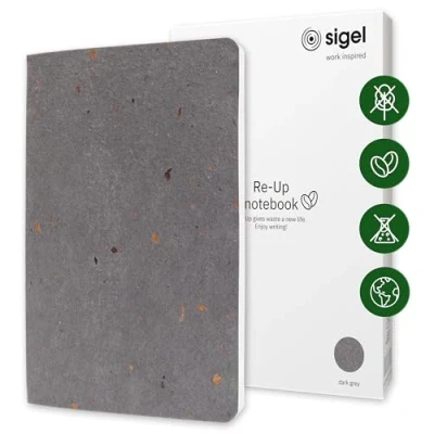 Abbildung von Sigel RU105 veganes Notizbuch aus Kaffee und Baumwollresten, liniert ca A5, dickes 100 g Papier, nachhaltig: frei von Plastik Chemikalien, Seiten, Re Up Notizheft, Geschenkbuch dunkelgrau