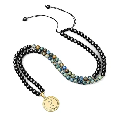 Abbildung von COAI Geschenkideen Unisex Verstellbare 108 Mala Buddhistische Halskette Gebetskette mit Yin Yang Bagua Anhänger aus Azurit und Obsidian