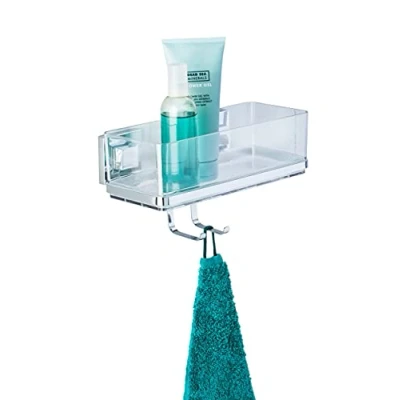 Abbildung von WENKO Vacuum Loc Badezimmer Wandregal Quadro Mit Haken, 2 Etagen, herausnehmbarer Schale, Befestigen ohne Bohren, Rostfreier Edelstahl/Kunststoff, 25,5 x 15 14 cm
