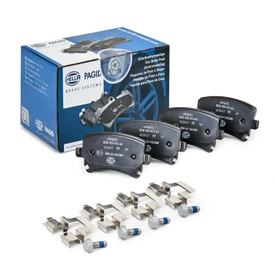 Abbildung von HELLA 8DB 355 010 601 Bremsbelagsatz für Verschleißwarnanzeiger vorbereitet mit Bremssattelschrauben Zubehör VOLKSWAGEN: Sharan II, GOLF 6