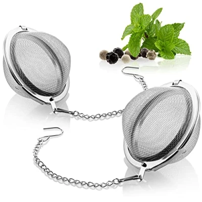 Abbildung von com four® 2x Teesieb aus rostfreiem Edelstahl 304 Teeei für losen Tee, Kräuter und Gewürze feinmaschiger Teefilter mit Kette Gewürzsieb Kräutersieb (2 Stück 5.5 cm Ø)
